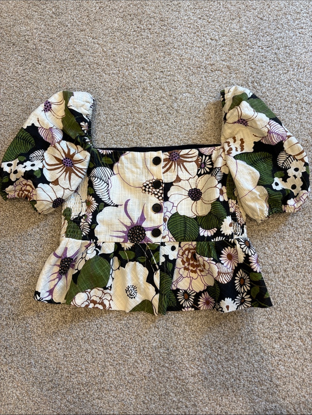 Maje Floral Puff-Sleeve Square Neck Peplum Top - White/Green/Purple/Black